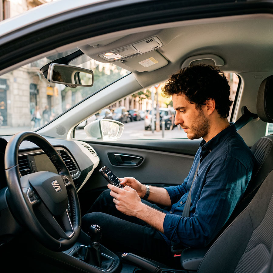 Un homme assis dans une voiture garée lit sur son téléphone une alerte de quelqu’un de son réseau de soutien.